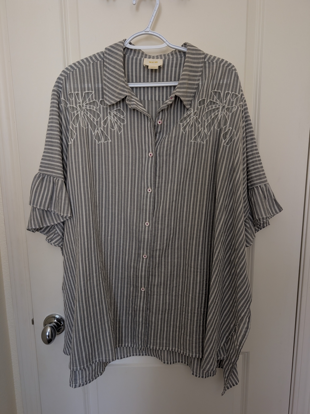 Maeve Gray Striped Embroidered Button-Up Top